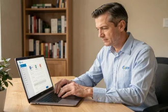 Adhérent PRO BTP consultant son espace personnel mutuelle sur un ordinateur portable depuis son bureau à domicile