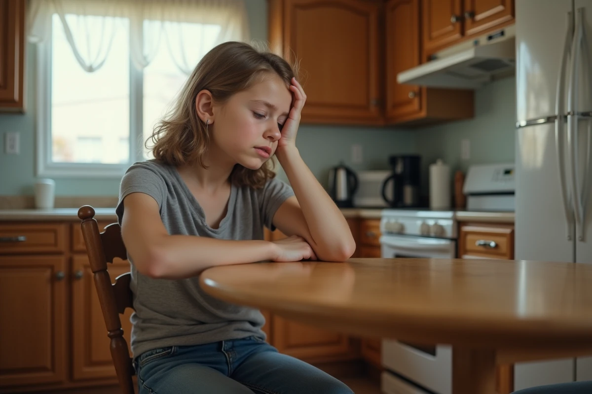 Adolescente préoccupée assise à la table de cuisine