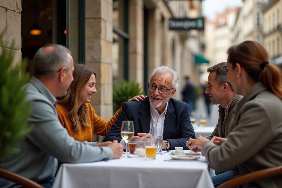 Groupe d amis discutant dans un café en plein air