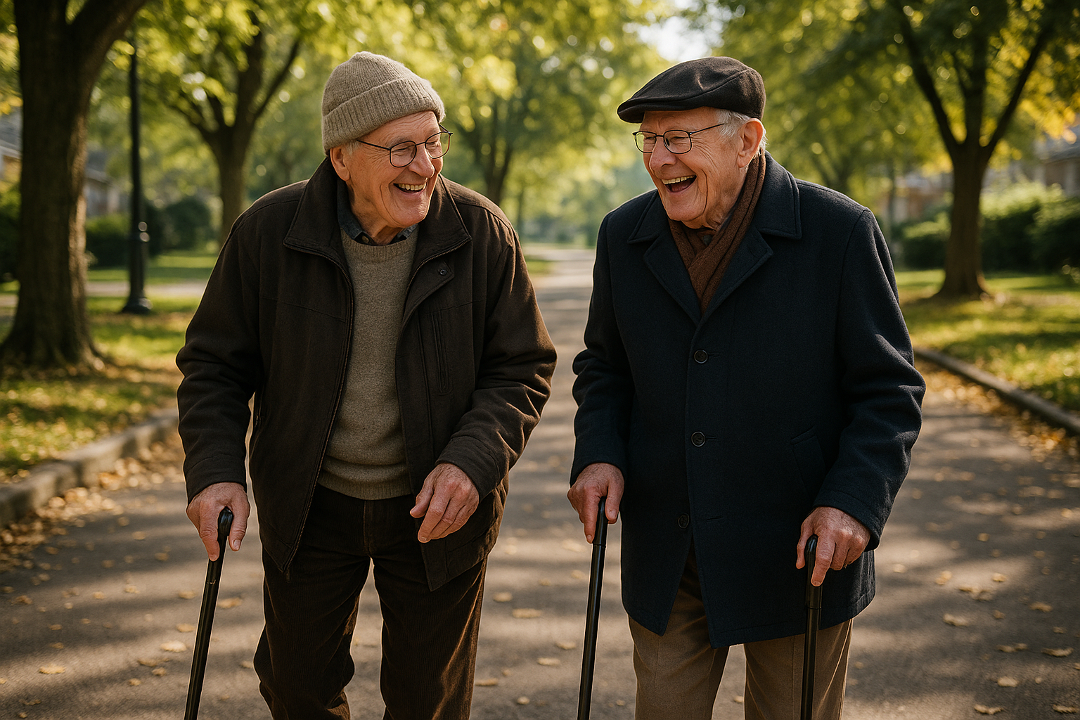 Deux amis âgés se promenant dans un parc ombragé