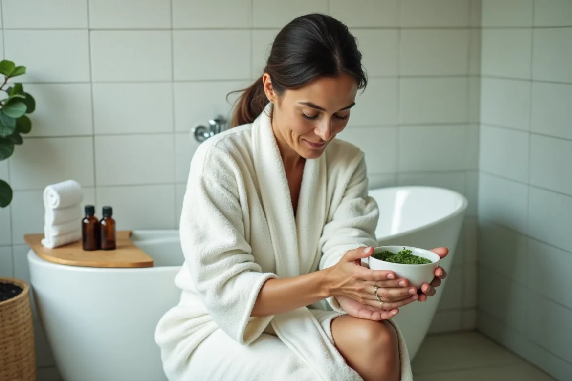 Femme appliquant un cataplasme d'argile verte sur le bras dans une salle de bain apaisante