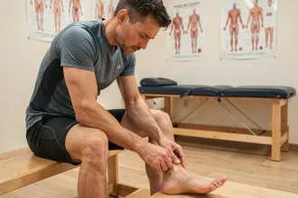 Athlète masculin examinant son orteil douloureux dans un cabinet de kinésithérapie sportive, assis sur un banc en bois