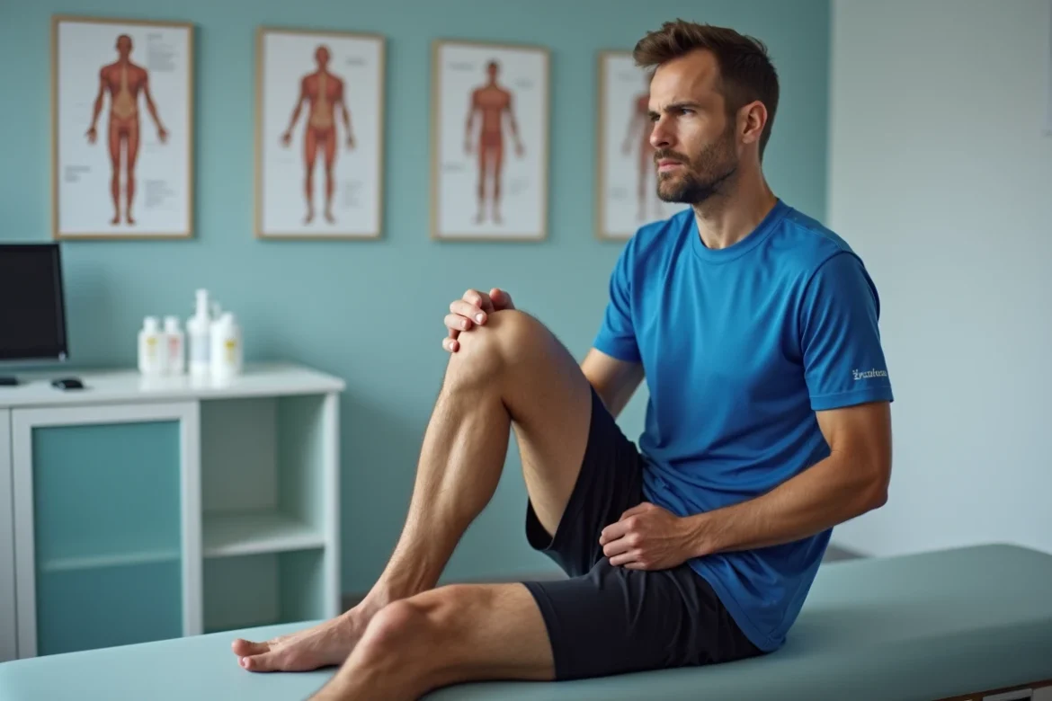 Homme coureur assis sur une table d'examen dans une clinique sportive