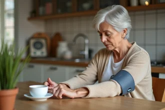 Femme âgée mesurant sa tension artérielle à domicile avec un tensiomètre électronique au bras, assise dans sa cuisine