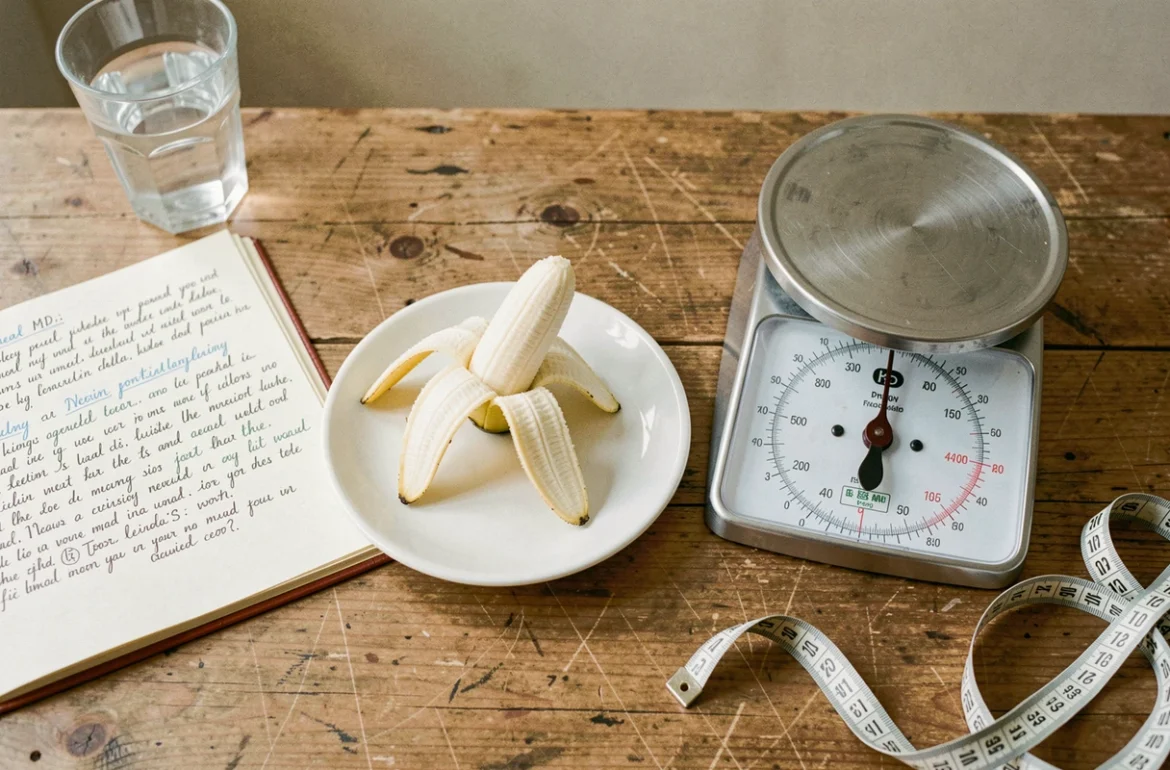 Banane épluchée sur une balance de cuisine avec un carnet de plan alimentaire pour un déficit calorique