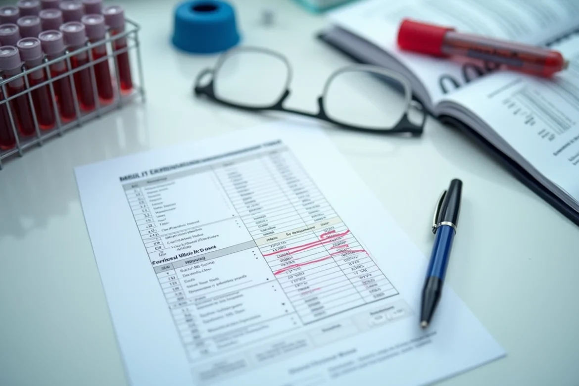 Gros plan sur un bilan sanguin médical indiquant un taux de leucocytes élevé avec annotations manuscrites sur un plan de travail de laboratoire