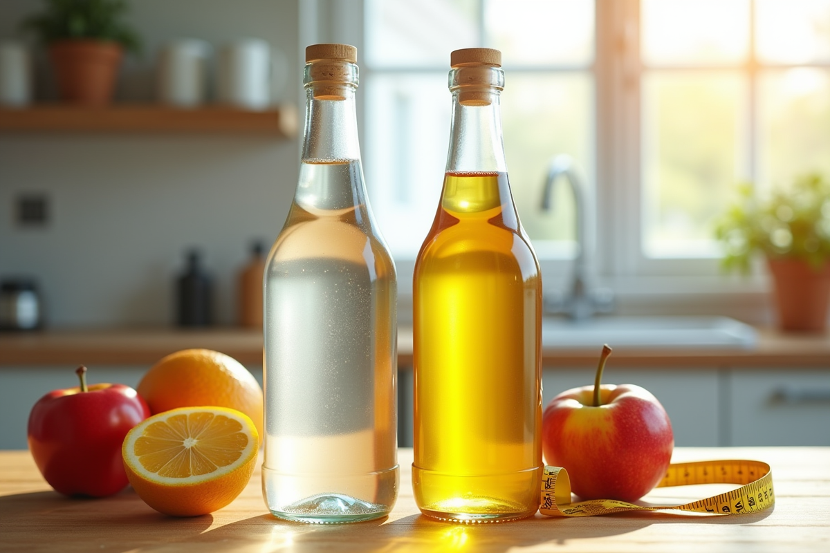 Deux bouteilles avec eau et huile sur table en cuisine avec fruits et ruban de mesure