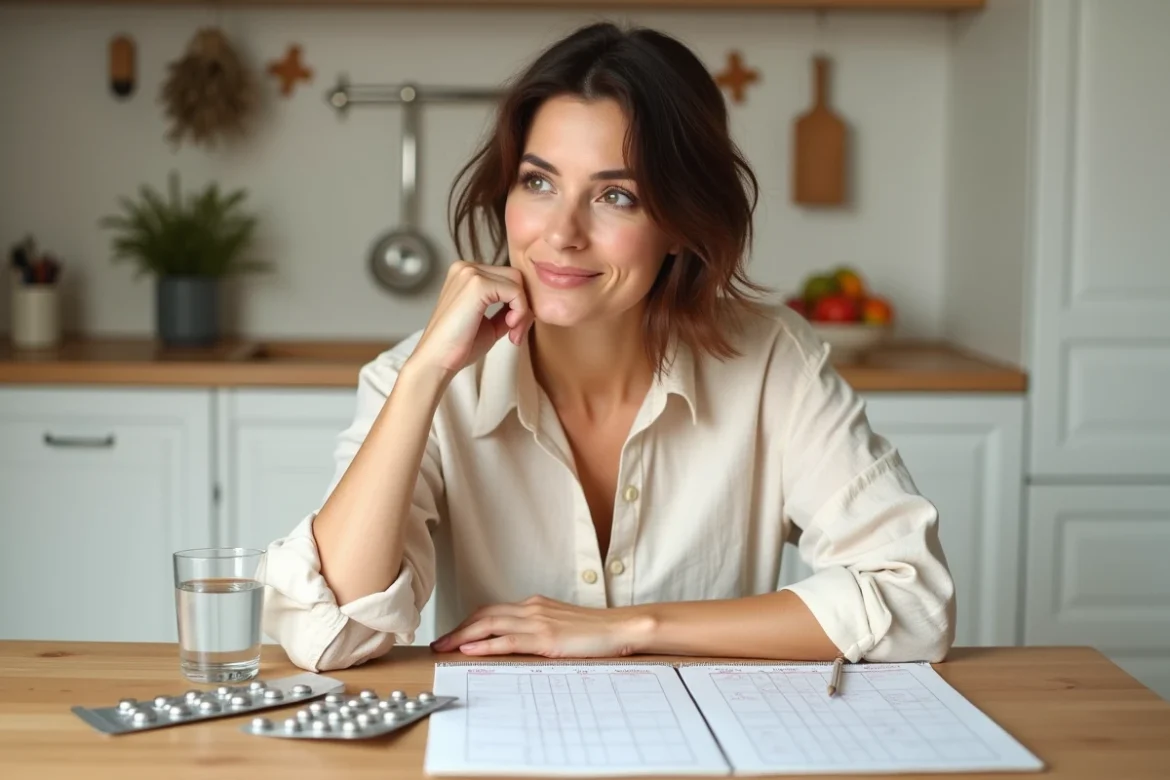 Femme consultant un calendrier de cycle menstruel avec des suppléments sur une table de cuisine