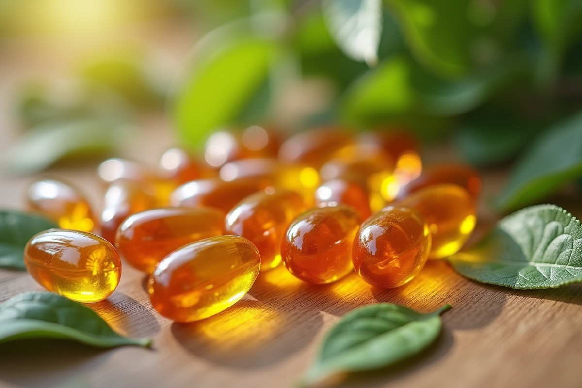 Capsules de vitamine E sur table en bois avec feuilles vertes