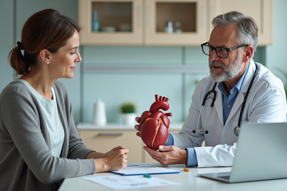 Cardiologue en consultation expliquant le coeur à une patiente