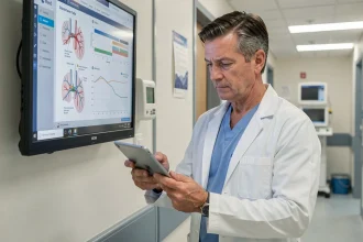 Cardiologue examinant des statistiques sur tablette dans un service de cardiologie hospitalier français