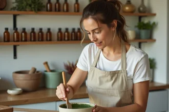 Femme préparant un cataplasme d'argile verte avec des huiles essentielles dans une cuisine naturelle