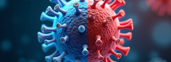 Cellule saine et virus attaquant en laboratoire