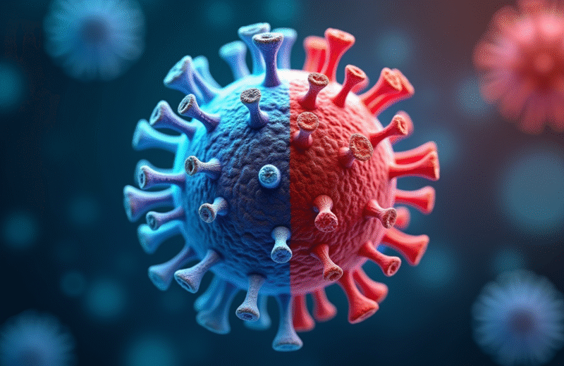 Cellule saine et virus attaquant en laboratoire