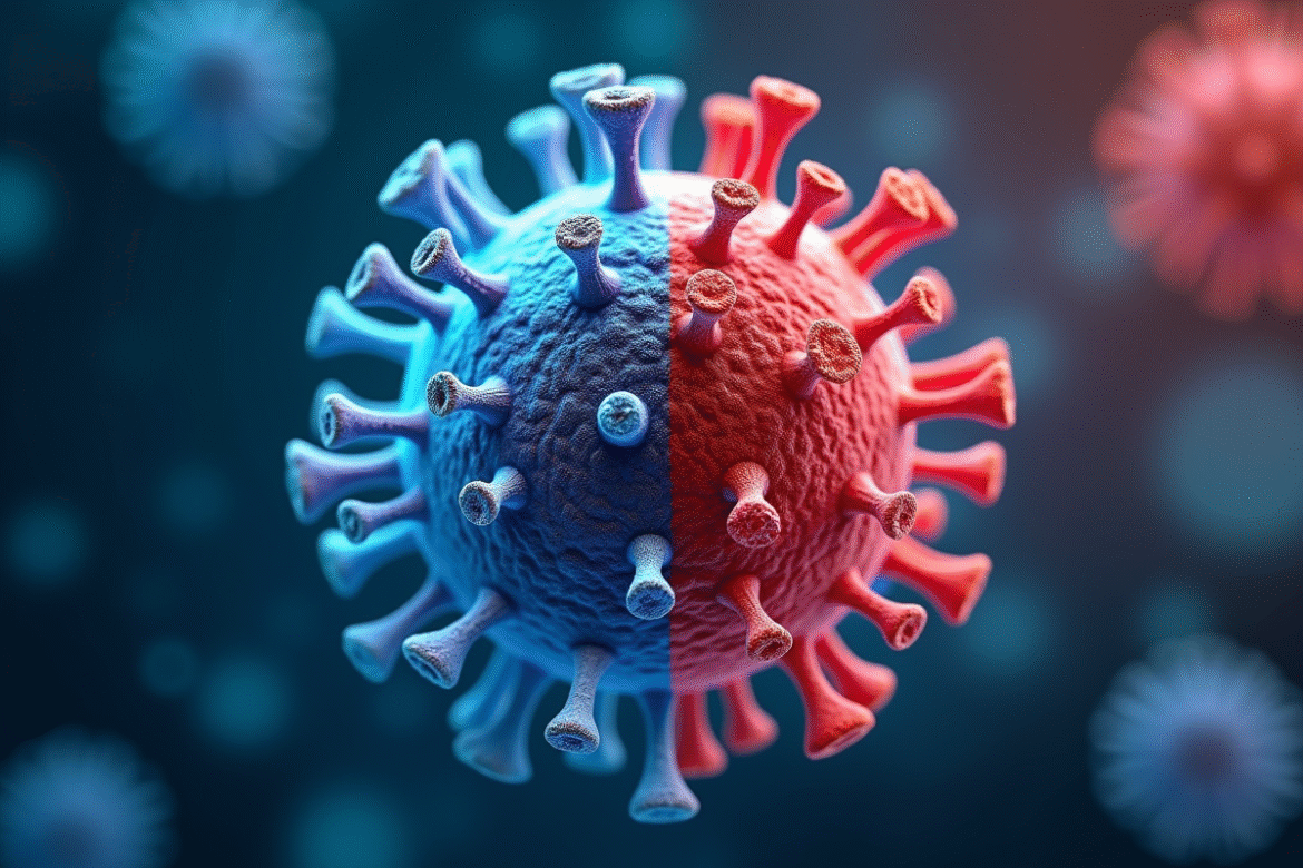 Cellule saine et virus attaquant en laboratoire