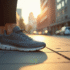 Chaussures de sport sur trottoir en ville avec tracker affichant 25000 pas