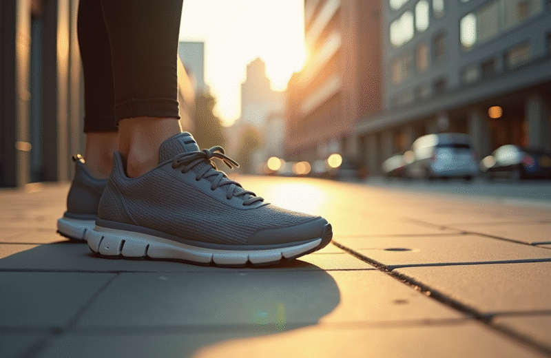 Chaussures de sport sur trottoir en ville avec tracker affichant 25000 pas