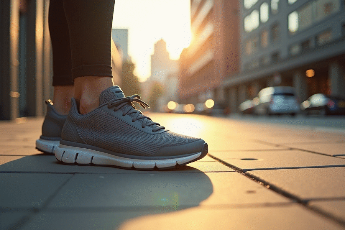 Chaussures de sport sur trottoir en ville avec tracker affichant 25000 pas