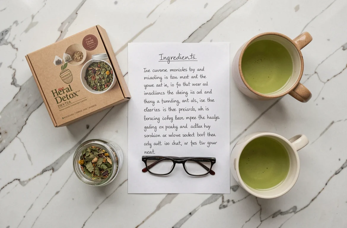 Composition détaillée d'une tisane détox type Lulutox avec étiquette d'ingrédients et notes manuscrites