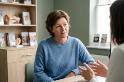 Femme attentive lors d'une consultation d'audition