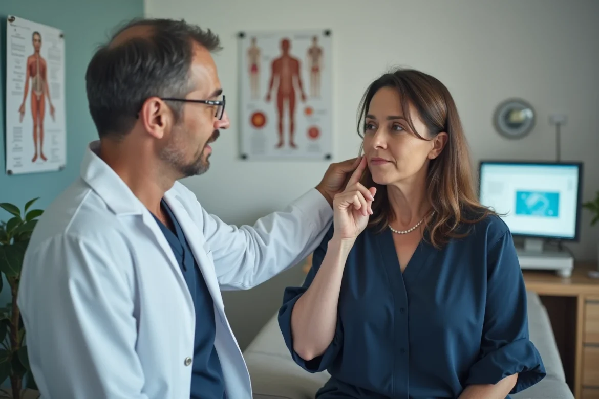 Femme consultant un médecin généraliste en montrant une douleur à la mâchoire lors d'une consultation médicale