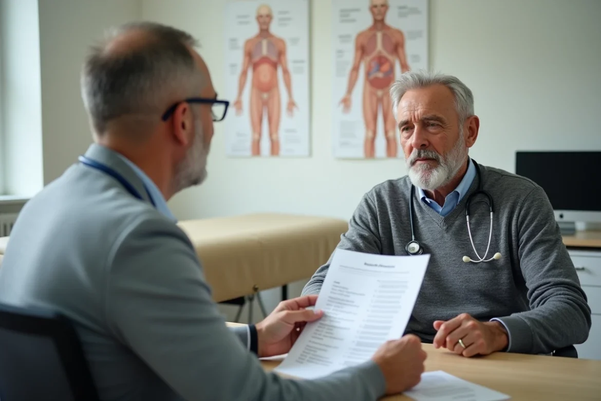 Patient et médecin généraliste discutant d'un bilan sanguin avec des globules blancs anormalement élevés lors d'une consultation