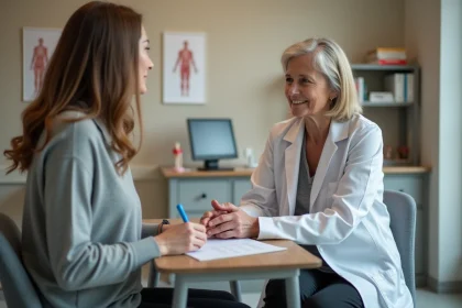 Femme d'âge mûr consultant une médecin généraliste pour une boule dans l'aine dans un cabinet médical moderne
