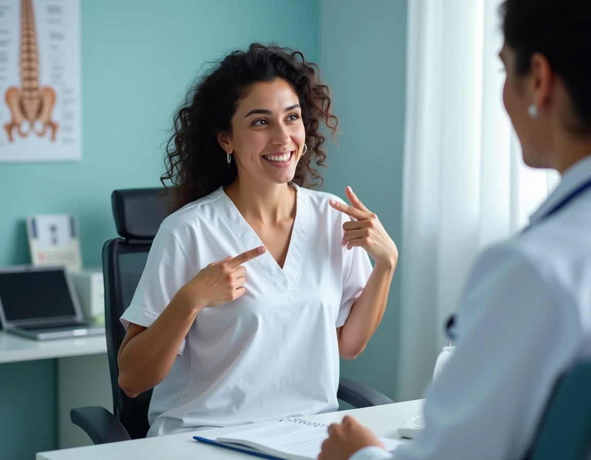 Patiente indiquant une douleur dans le haut du dos gauche lors d'une consultation médicale