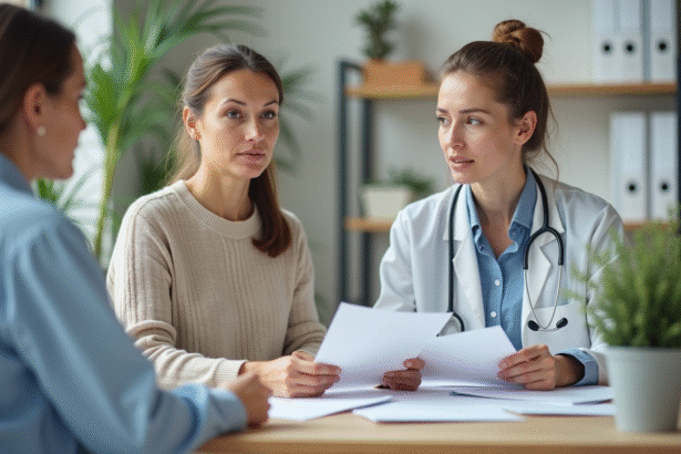 Femme d'âge moyen discutant avec un médecin dans un cabinet