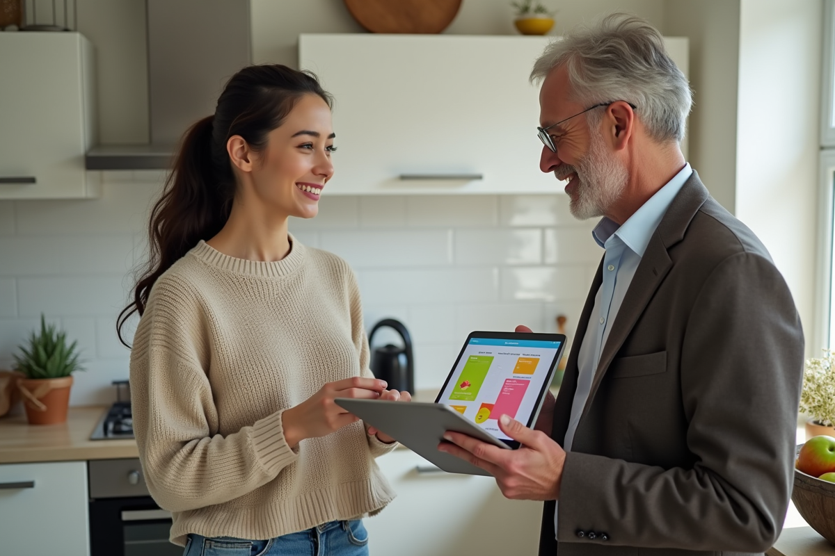 Jeune femme écoutant un nutritionniste dans une cuisine lumineuse