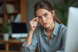 Femme appuyant ses doigts sous l'œil en raison d'une contraction musculaire involontaire du visage