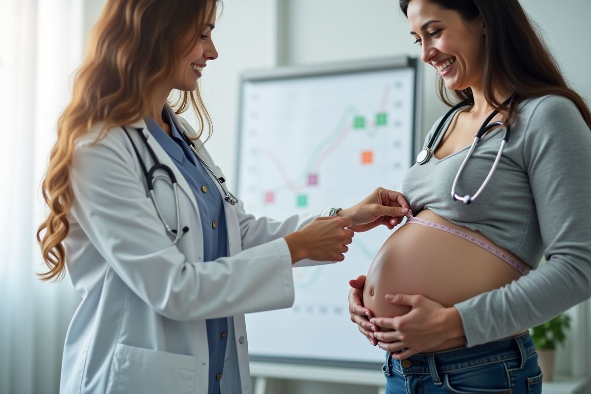 Mains d’un pediatre mesurant le ventre d’une femme enceinte