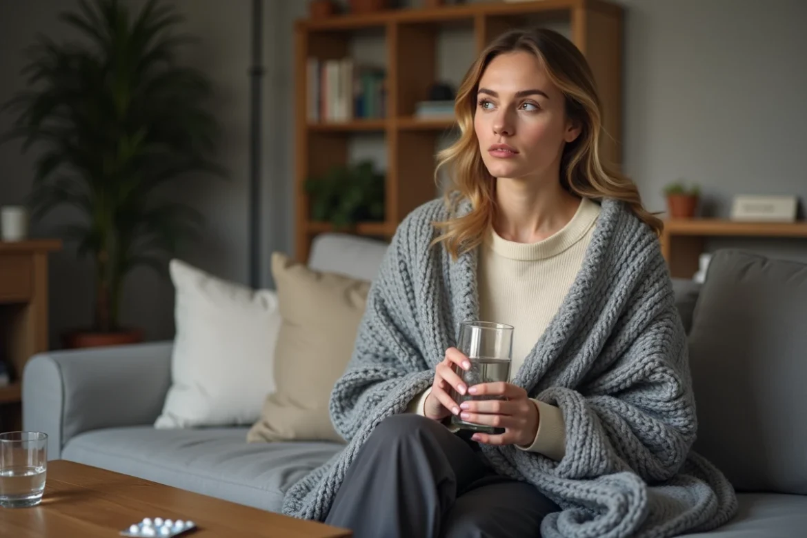 Femme en convalescence à domicile après anesthésie générale, regard absent et fatigué enveloppée dans un plaid gris sur son canapé