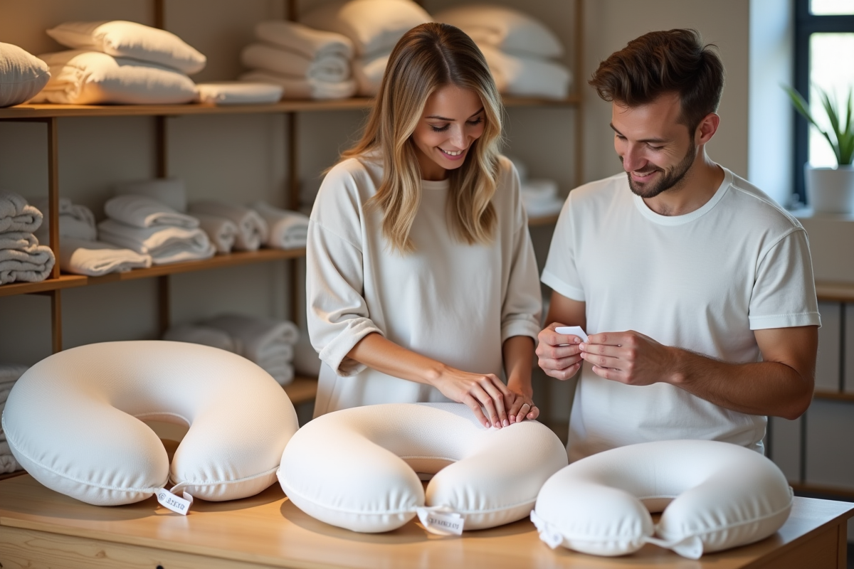 Jeune couple examine des coussins de grossesse en magasin