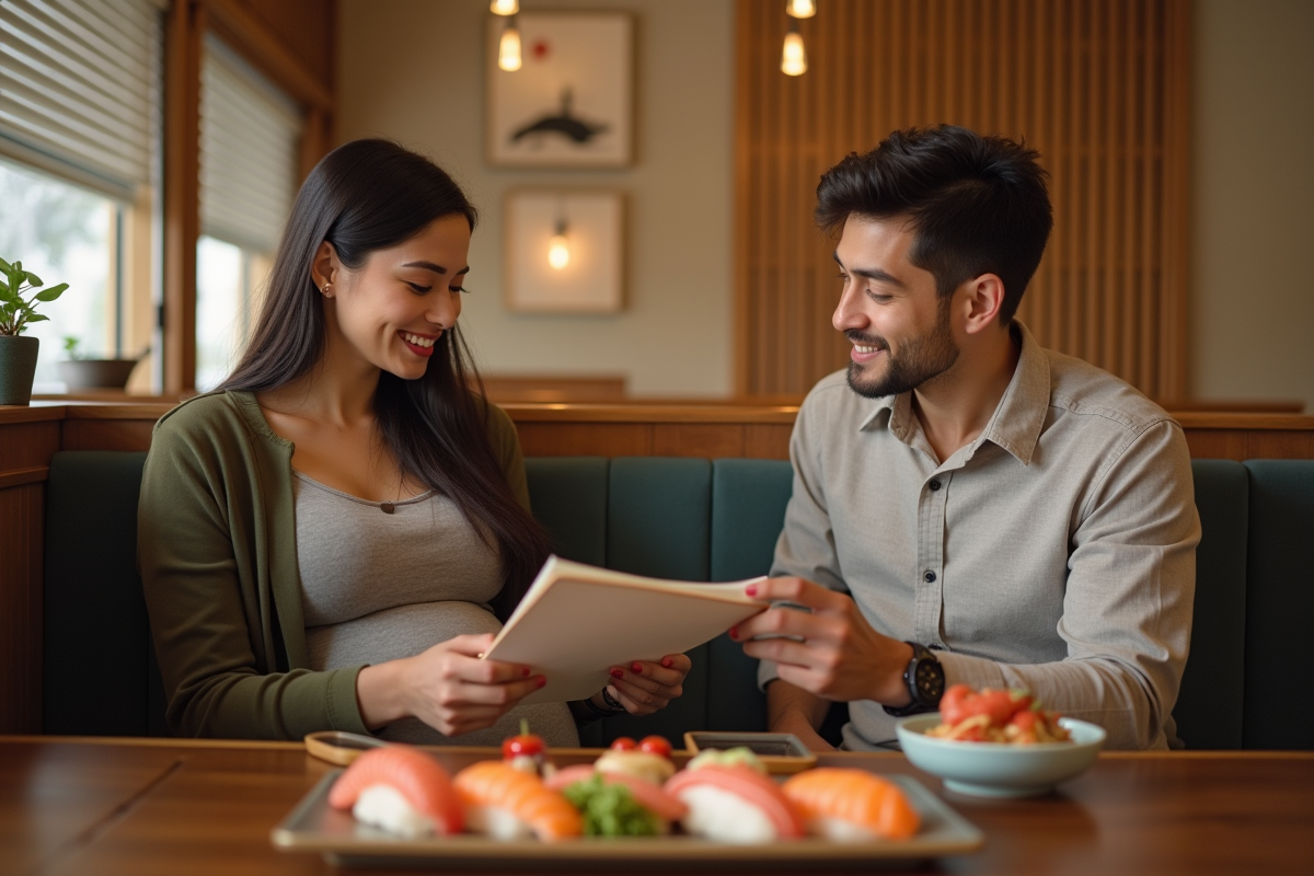 Couple enceinte dans un restaurant japonais souriant
