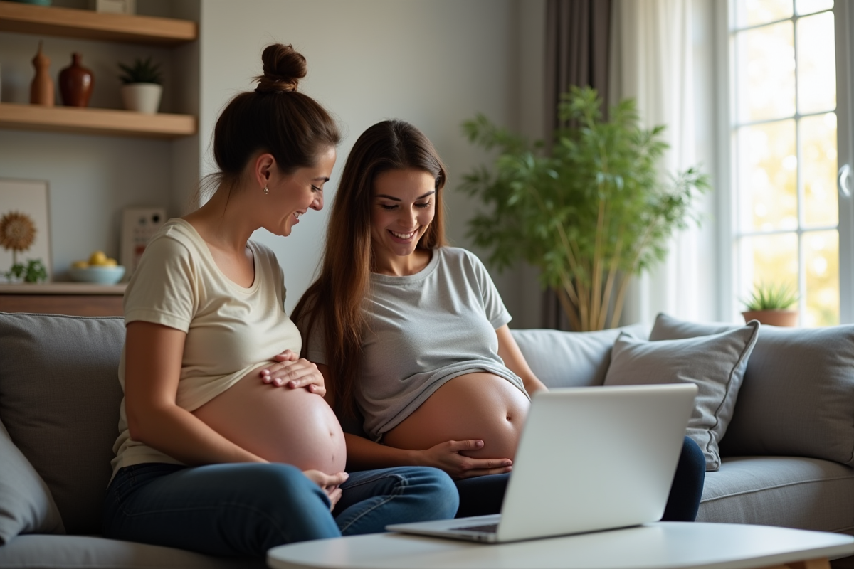Couple regardant un ordinateur en préparant la grossesse