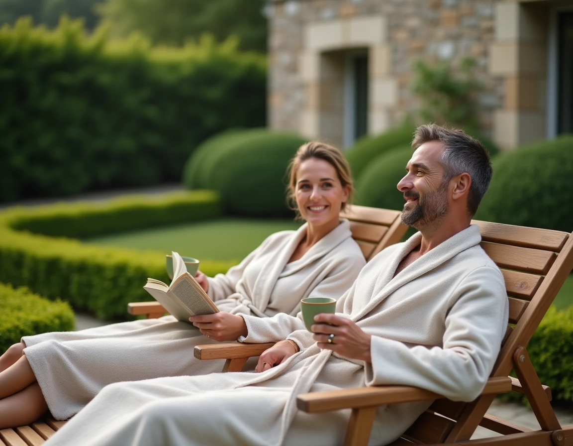 Couple en peignoir se reposant dans le jardin extérieur d'un spa bien-être dans le Cher