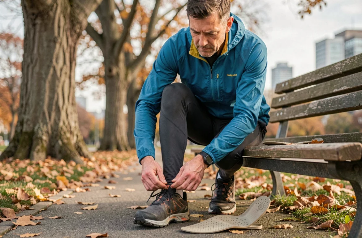 Coureur masculin lacant sa chaussure de trail avec une semelle orthopédique adaptée à la bursite de l'orteil dans un parc urbain