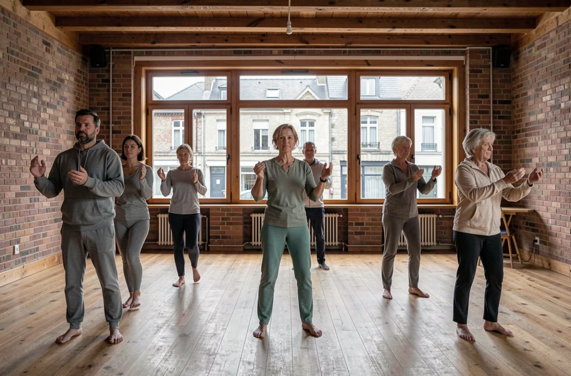 Groupe adulte pratiquant le qi gong en salle dans un espace communautaire du Nord de la France