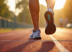 Pieds d'une personne courant sur une piste extérieure avec un tracker d'activité
