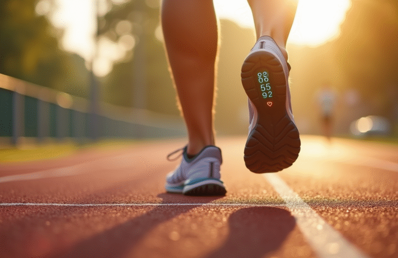Pieds d'une personne courant sur une piste extérieure avec un tracker d'activité