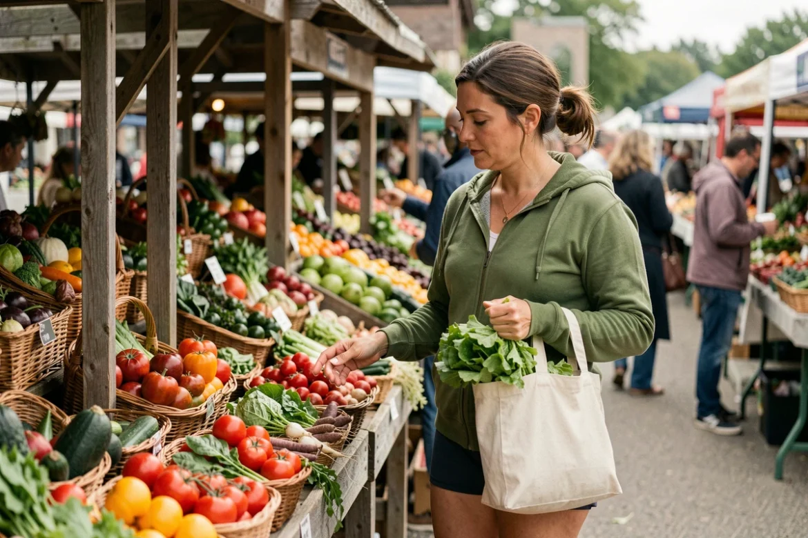 Femme faisant ses courses au marché de producteurs avec des légumes frais dans un sac réutilisable, alimentation saine et locale