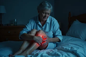 Femme d'une cinquantaine d'années assise sur le bord du lit la nuit, tenant son mollet avec une expression douloureuse, illustrant les crampes nocturnes dans les jambes