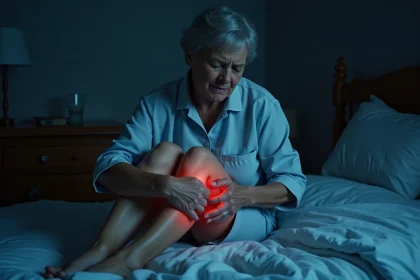 Femme d'une cinquantaine d'années assise sur le bord du lit la nuit, tenant son mollet avec une expression douloureuse, illustrant les crampes nocturnes dans les jambes