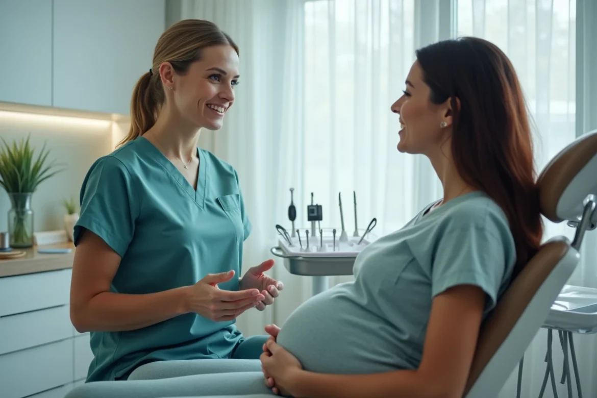 Dentiste femme expliquant les précautions dentaires à une patiente enceinte dans un cabinet dentaire moderne