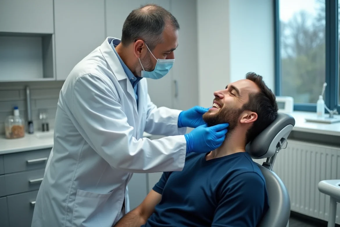 Dentiste examinant la mâchoire et le cou d'un patient pour évaluer un lien entre douleur dentaire et ganglion cervical