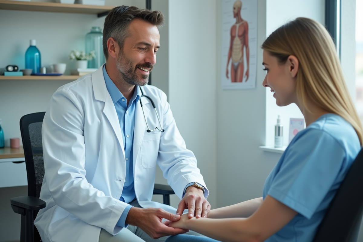 Médecin dermatologue inspectant le bras d’un patient en consultation