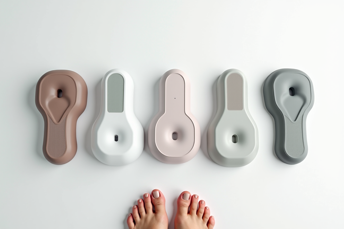 Cinq appareils de massage de pied différents avec pieds relaxes