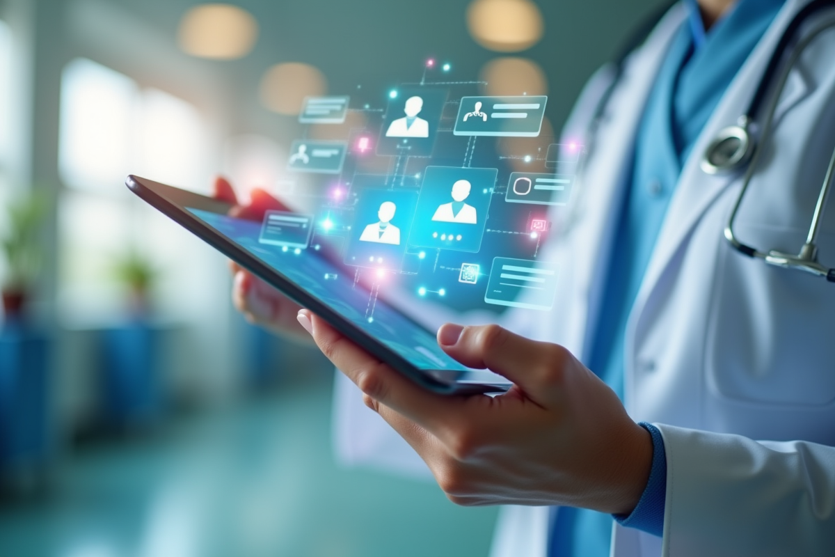 Main de médecin tenant une tablette avec icônes d applications santé