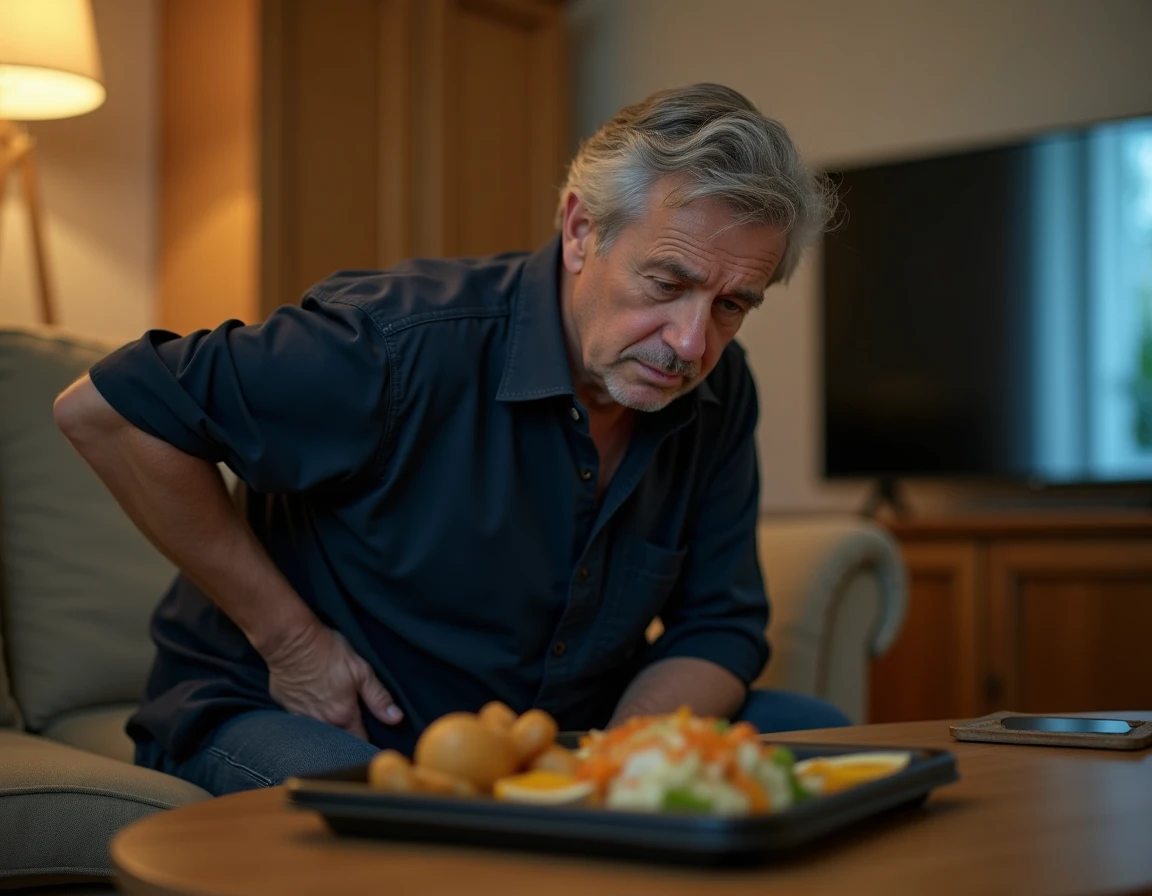 Homme d'âge mûr souffrant du haut du dos gauche assis sur un canapé après le dîner